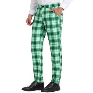 Plaid Slacks Regular Fit Flat Front Work Prom Checked Dress Pants Light Green
